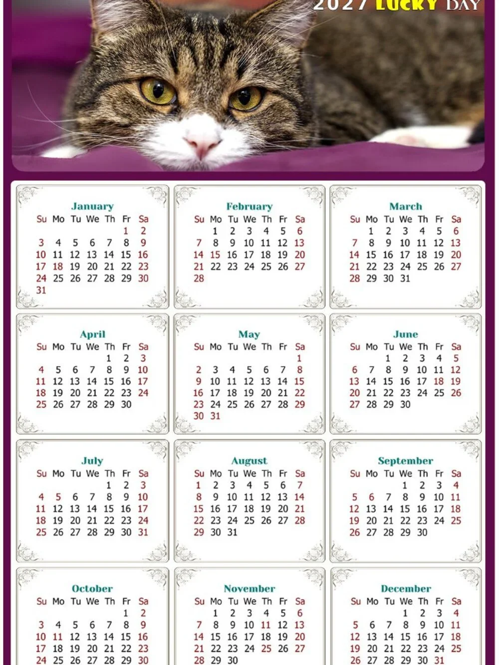 2027 Magnetic Calendar - Today is my Lucky Day - Cat Themed 022 (7 x 10.5)